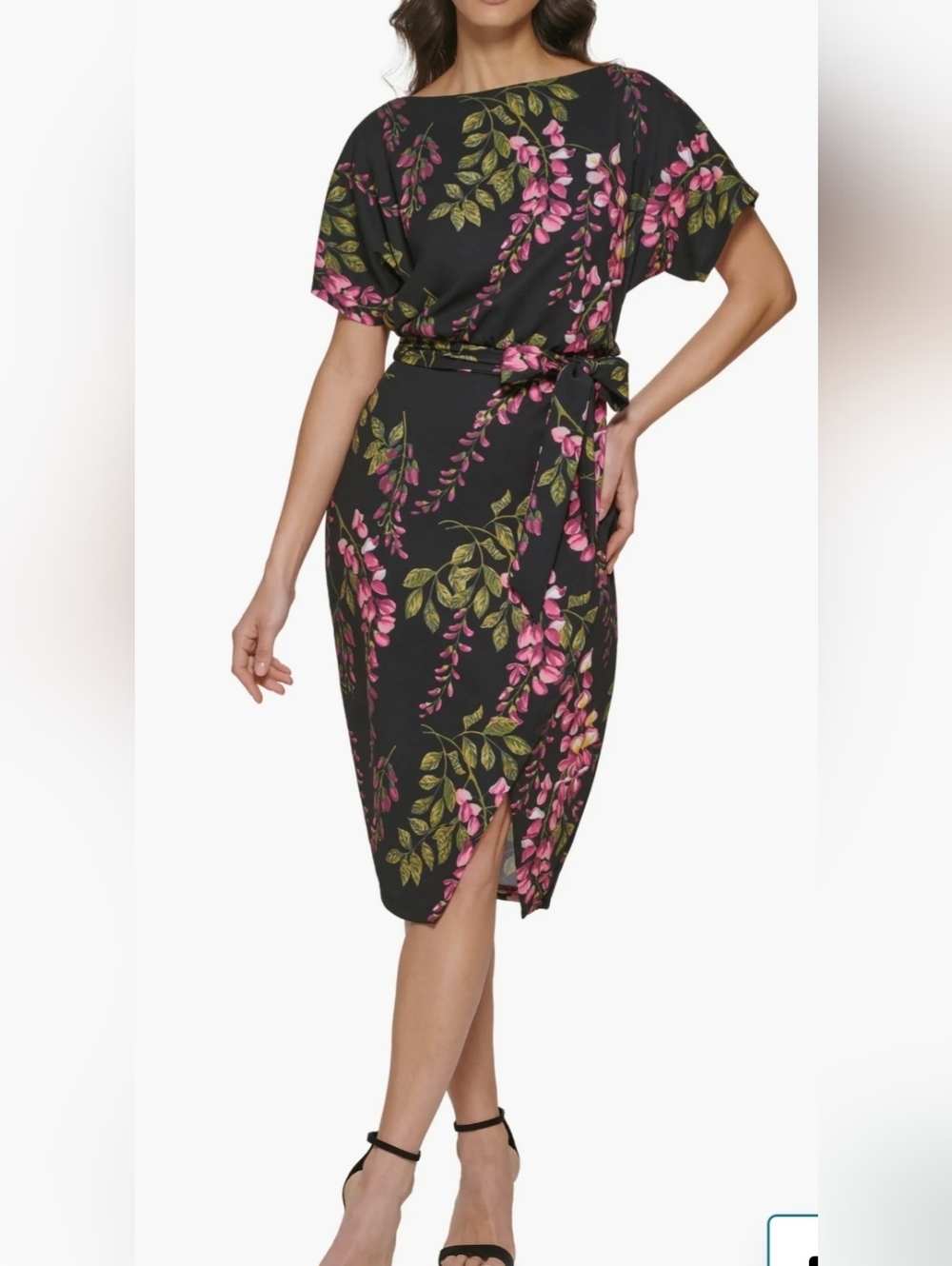 Kensie Black Boatneck Pencil Dress Pink Floral Print Derby Wedding Size 6